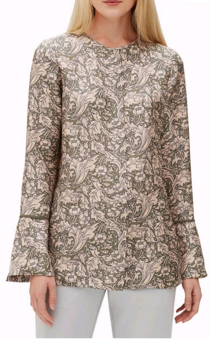 Lafayette 148 Izzie Silk floral Print blush green Bell Sleeve Blouse L